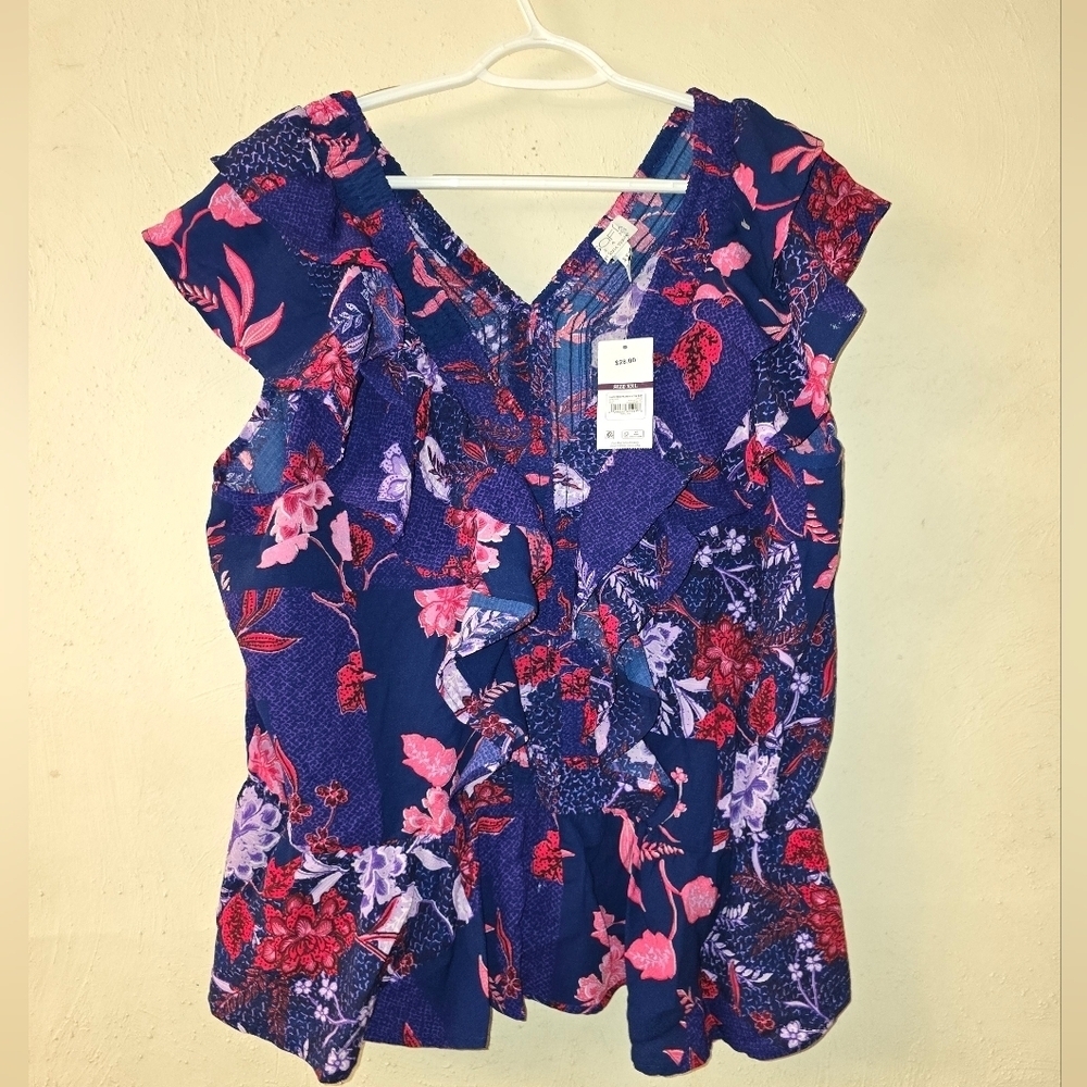 Sofia by Sofia Vergara Floral Ruffle Blouse - Blue and Pink